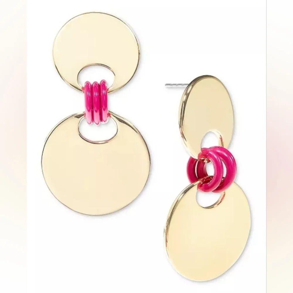 Art Deco Style Drop Earrings with Gold-Tone Disc & Fuchsia Rings by ON 34th NWT